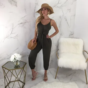 

2019 European And American Style Women Sexy V-Neck Solid Jumpsuit Loose Casual Sleeveless Female Bodysuit