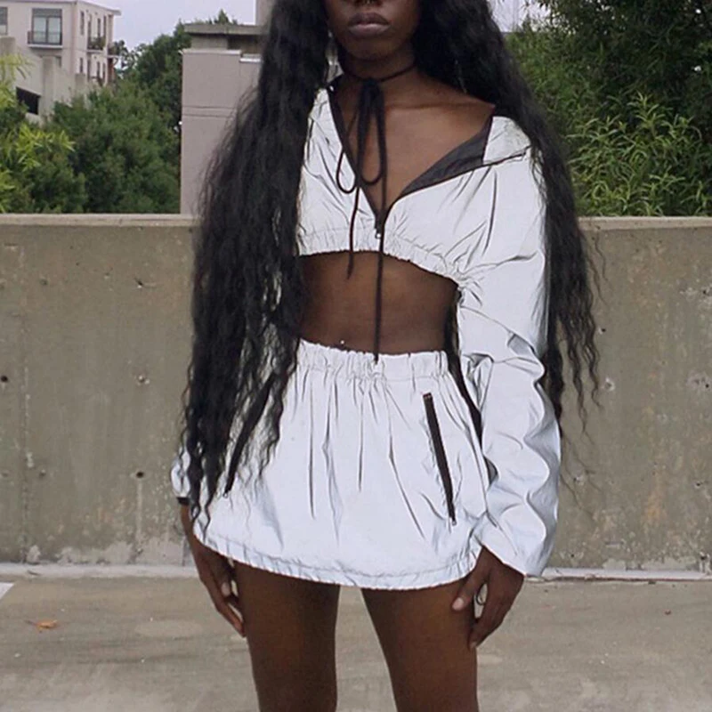 

Gray 2 Piece Set Women Reflective Two Piece Set Short Hooded Pullover Top And Skirt Set Fashion Skirt Top Outfits Women Sets