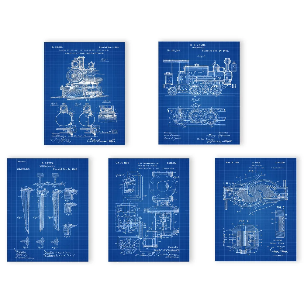 Винтажный Паровозик патент арт Паровозик сцепка плакат 5 в 1 поезд эскиз до детской стены Искусство классический поезд искусство