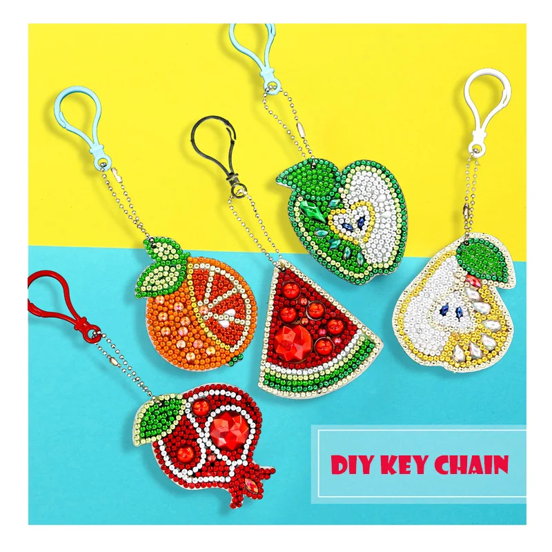 

5pcs/set DIY Drill Diamond Painting Cartoon Fruit Cross Stitch Decor Resin Women Girl Bag Key Chain Jewelry handmake gifts