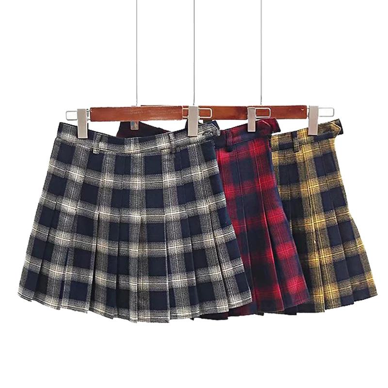 Панк стиль высокая талия юбки женские осень зима Harajuku модные мини юбки черную клетку плиссированные юбки выше колена