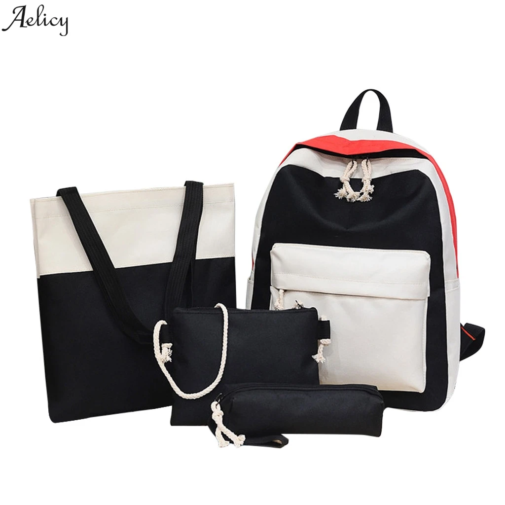 

Women Patchwork Composite Bag 4PCs Backpack Set School Shoulder Travel Bags College Contrast Color Shoulder Bag Backpack