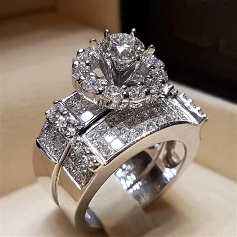 Fashion Female Big Zircon Stone Ring Set Luxury Silver Bridal Engagement Ring Bridal Wedding Rings For Women bague femme Q4