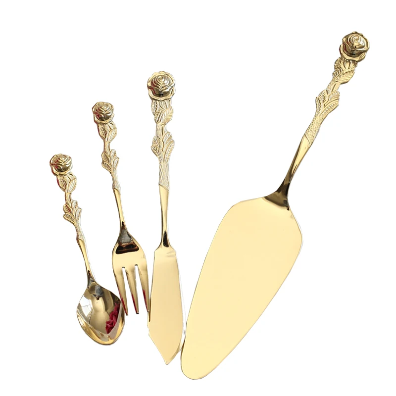 

wedding decoration Golden Carved Rose Coffee Spoon dessert fork dim sum fork stainless steel spoon butter knife cake spatula