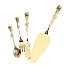 Decoração de casamento dourado esculpida rosa colher de café sobremesa garfo dim sum garfo colher de aço inoxidável faca manteiga bolo espátula