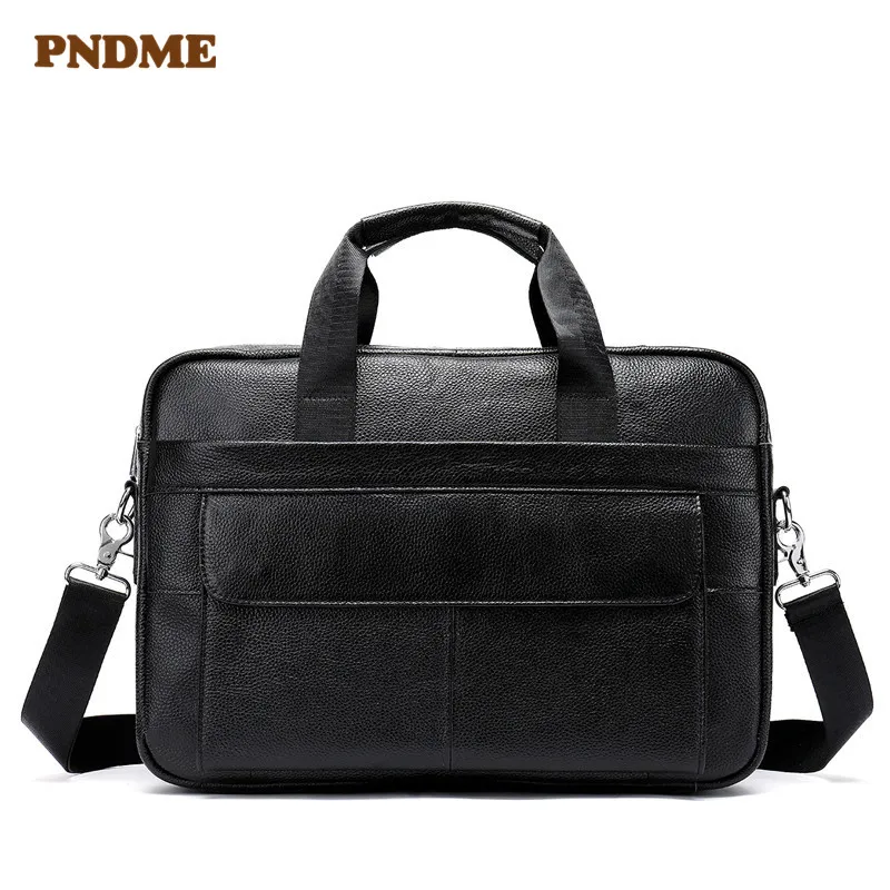 PNDME جلد طبيعي عارضة الرجال حقيبة سعة كبيرة 14 بوصة حقيبة لابتوب أعلى طبقة جلدية حقيبة كتف Crossbody أكياس
