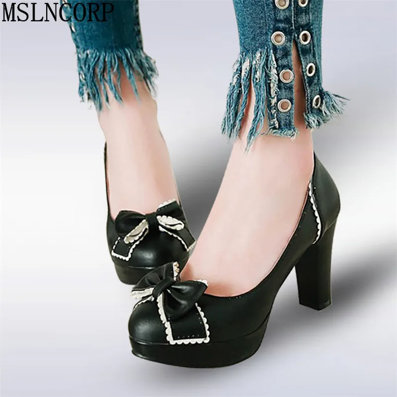 

plus size 34-43 Ladies Leather Platforms Lady Fashion Lolita Shoes Sexy Bowtie High Heel Shoes Women Pumps Party Wedding Shoes