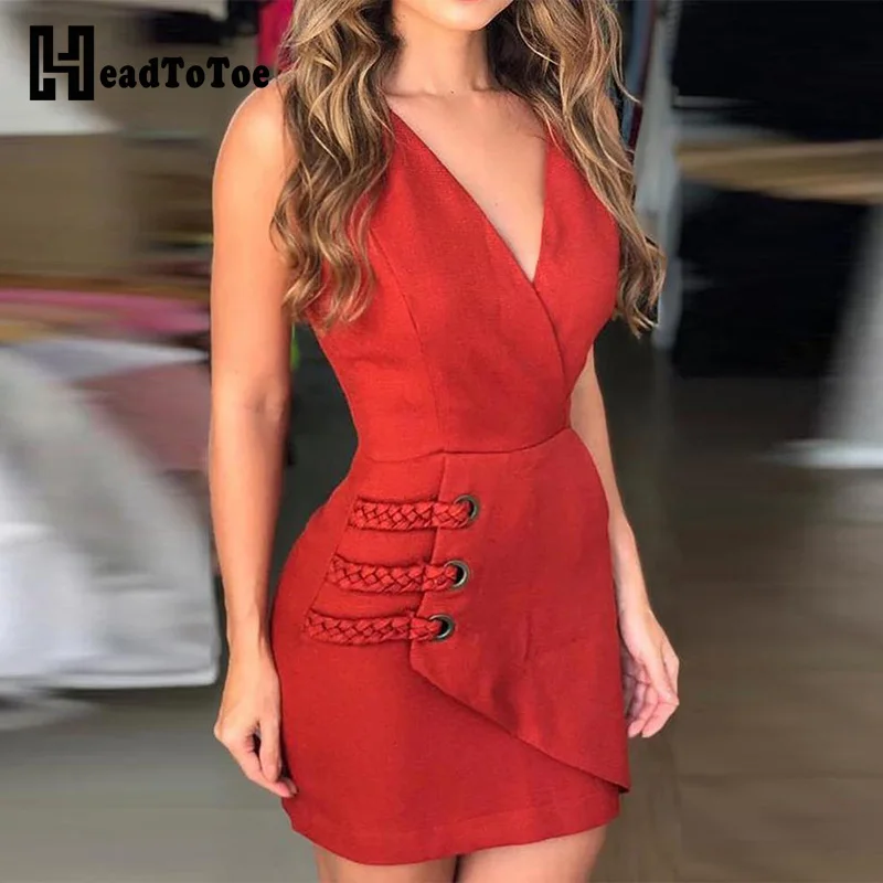 

Women Sexy Eyelet & Braided Detail Wrap Bodycon Dress Female Deep V-neck Sleeveless Summer Mini Dress Office Lady Casual Dress