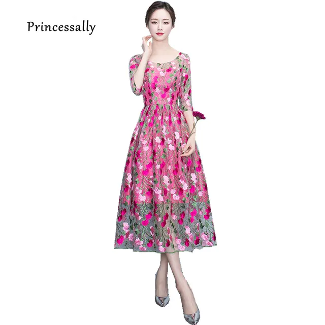New Evening Dress Hot Pink Tea Length Full Flower Embriodery New Evening Dress Hot Pink Tea Length Full Flower Embriodery Illusion Half Sleeve Elegant Prom
