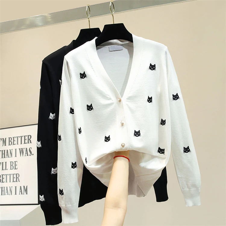 

Knit Cardigan Female 2019 New Spring Autumn All-match Thin Knitted Outwear Cartoon Cat Embroidery V Neck Long Sleeve Sweaters