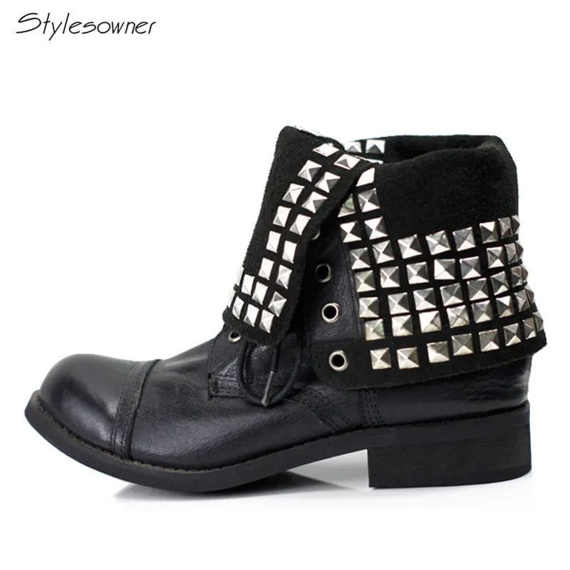 

Stylesowner British Retro Women Rivet Imitate The Old Boots Special Slip-On Two Kinds Of Wear Martin Genuine Leather Shoes