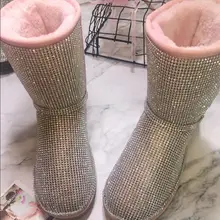 Новинка; розовые женские ботинки на плоской подошве; шикарные сапоги до середины икры с отделкой бисером; модные теплые ботинки для отдыха на платформе с круглым носком и мехом внутри