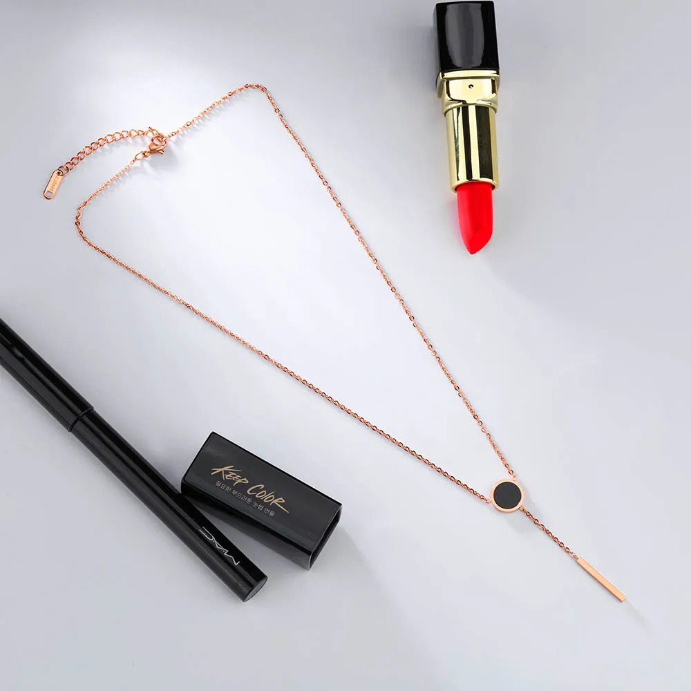 JeeMango Rose Gold Color Female Round Black Cake Necklace Titanium Steel Tassel Pendant Neckalce For Christmas Gift OGX1275