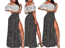 2019 women summer dot print off shoulder crop top side split maxi skirt suit two piece sexy beach set dress holiday outfit two tone oblique shoulder split dress