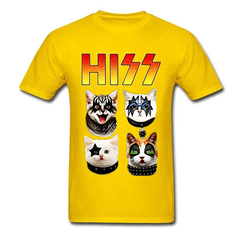 KISS Hiss Cat Пародия Забавные футболки рок мяу Группа Мужская футболка хип-хоп Рок Новые Топы И Футболки Готический Высокое качество - Цвет: Yellow