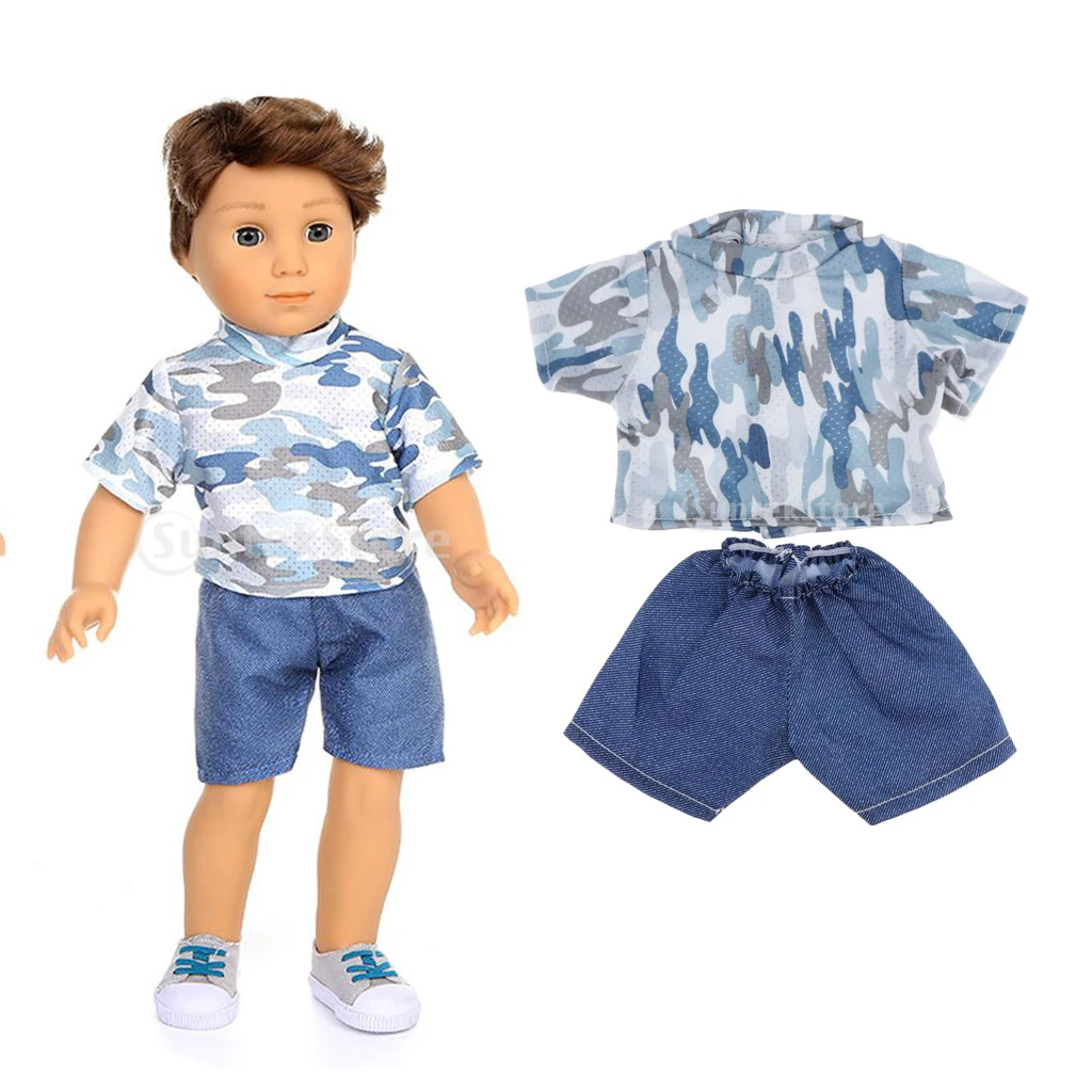 Camo Short Sleeve T-shirt & Pants Set Outfit Clothes for 18'' Boy Dolls Blue Doll Camouflage Military Suit