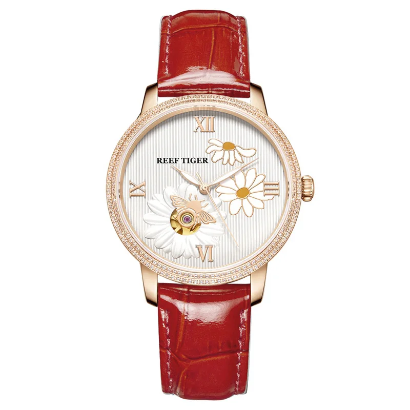 Reef Tiger/RT брендовые Роскошные модные часы женские Автоматические часы розовое золото из натуральной кожи ремешок часы Reloje Mujer RGA1585 - Цвет: RGA1585-PWRD