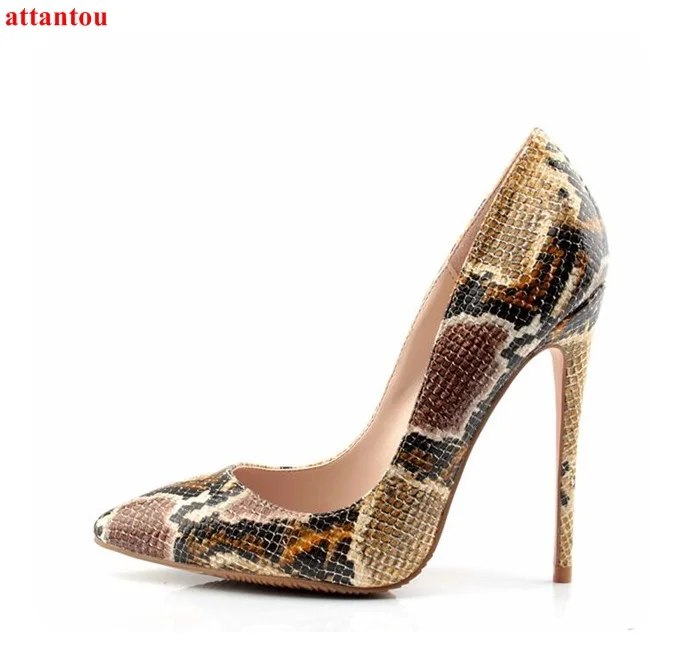 White Brown snakeskin high heels woman dress shoes thin heel female ...