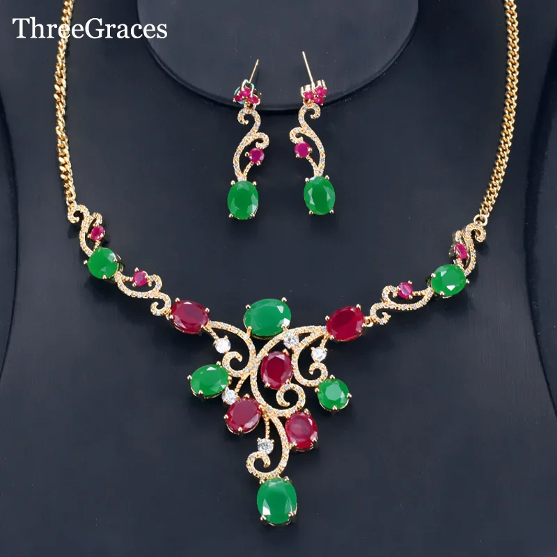 

ThreeGraces Gold Color Party Jewelry Natural Green And Red Crystal Women Earrings And Necklace Sets With CZ Stone JS042