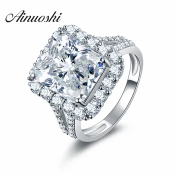 

AINOUSHI 925 Sterling Silver Women Wedding Engagement Halo Ring Jewelry 4 Carats Rectangle Cut Sona Anniversary Ring Jewelry