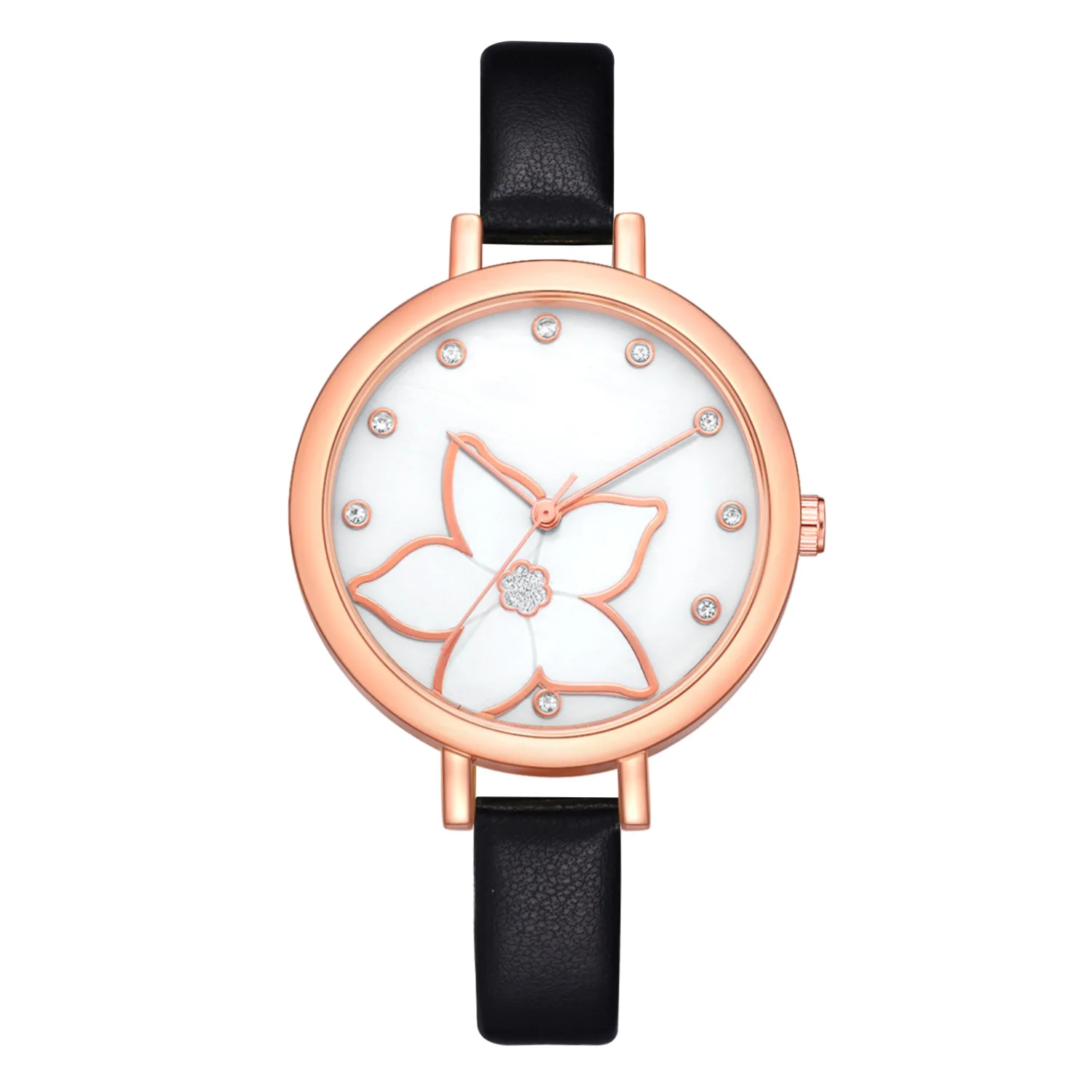 

Trendy Flower Engraving Rhinestone Scale Women's Watch Rose Gold Quartz Watch Leather Band No Waterproof