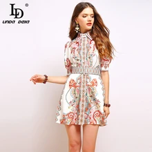 Женское винтажное мини-платье LD LINDA DELLA, подиумное платье с рукавами-фонариками, с принтом, расшитое бисером, с поясом, лето