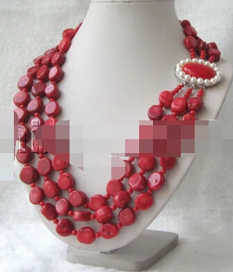 

huij 002169 Beautiful 23-25" 3row 12-15mm & 5mm round red coral necklace