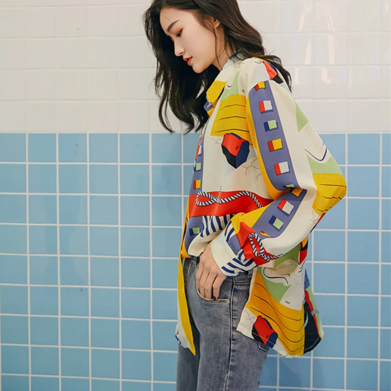  Cheerart Abstraction Print Womens Tops And Blouses Color Block Long Sleeve Shirt Colorful Blouse Sp