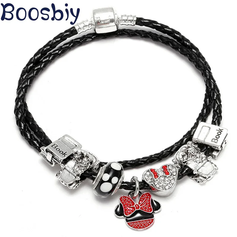 

Boosbiy High Quality European Charm Bracelet With Black Cartoon Mickey Beads Fits Fashin Pandora Bracelet For Women Kids Jewelry