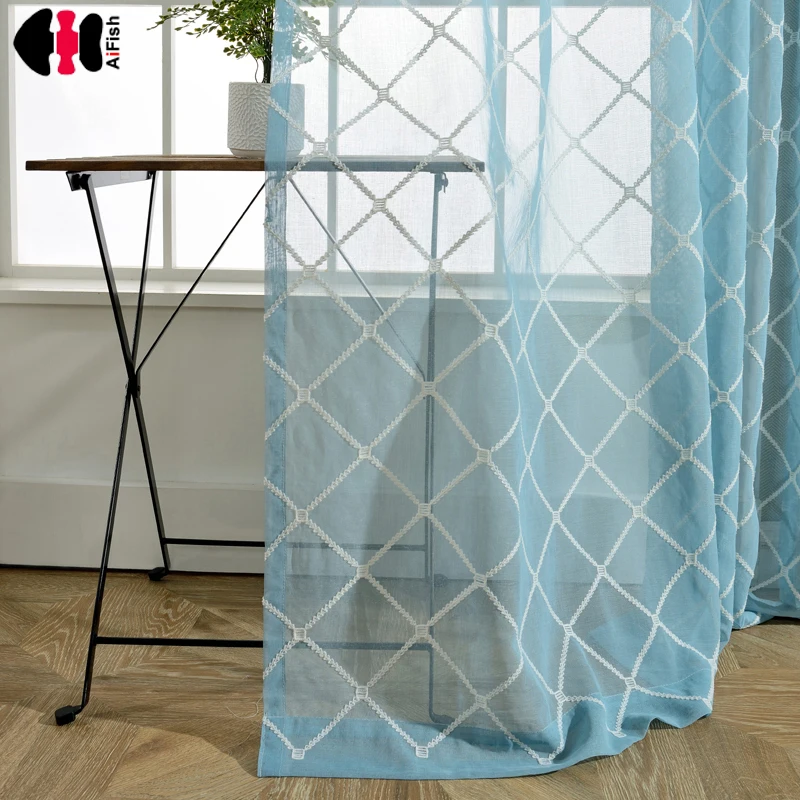 

Country Style Floral Embroidered Grid Pattern Window Treatment Pespective Tulle Voile Sheer Curtain Panels for Bedroom wp054B