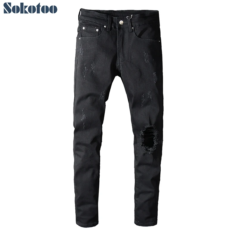 

Sokotoo Men's black holes ripped stretch denim jeans Slim skinny distressed pants High quality