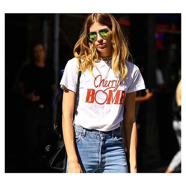 Women's CHERRY BOMB Letter Print T Shirt Summer Short Sleeve T-shirt O-neck Loose Tops Casual Tee | Женская одежда