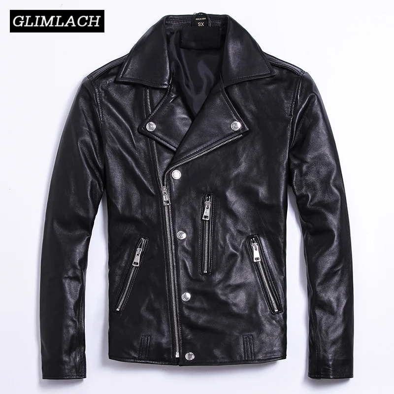 

2019 Men Slim Biker Leather Jackets Black Real Genuine Leather Sheepskin Plus Size XXXXXL Zippers Motorcycle Jacket Coats Autumn