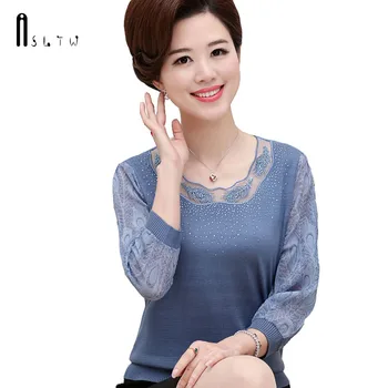 

ASLTW Chiffon Sleeve T Shirt Women 2018 Summer Thin Women's Lace Neck Knitting Top Plus Size Causal Solid Female T Shirts
