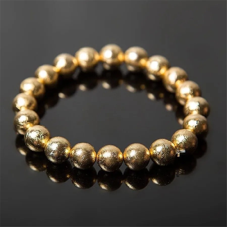 

Genuine Natural Gibeon Meteorite Round Beads Jewelry Stretch Women Mens Golden Plated Bracelet 8 mm