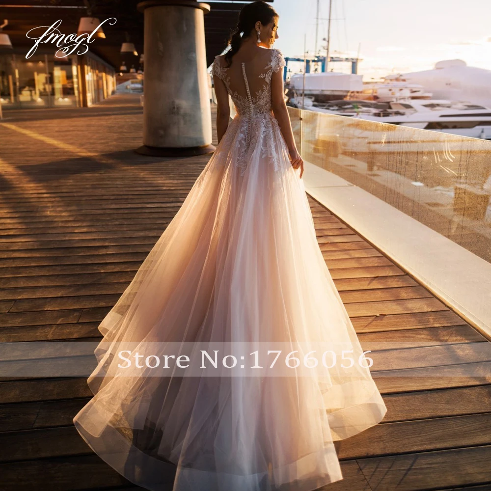US $177.49 Fmogl Sexy Illusion Appliques Beaded Beach Wedding Dresses 2020 Scoop Neck Cap Sleeve Button Vintage Bridal Gown Plus Size