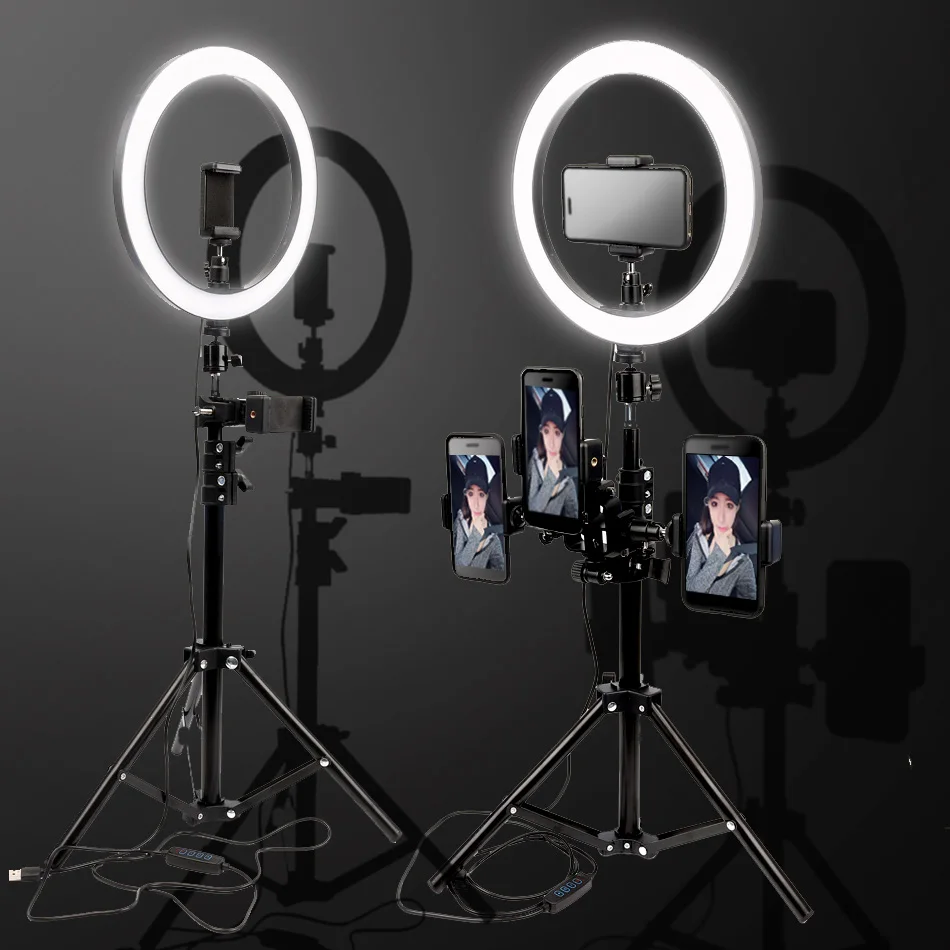 

Photography 26cm LED Selfie Ring Light Dimmable three-speed Stepless Lighting Makeup Video Live Studio With Tripod & Phone Clip