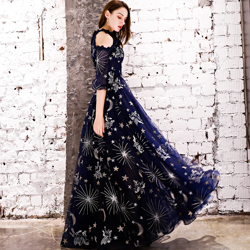 JaneVini великолепные Темно-синие звездное небо выпускного вечера вечерние платье для свадьбы с рукавами линии платья невесты Длинные