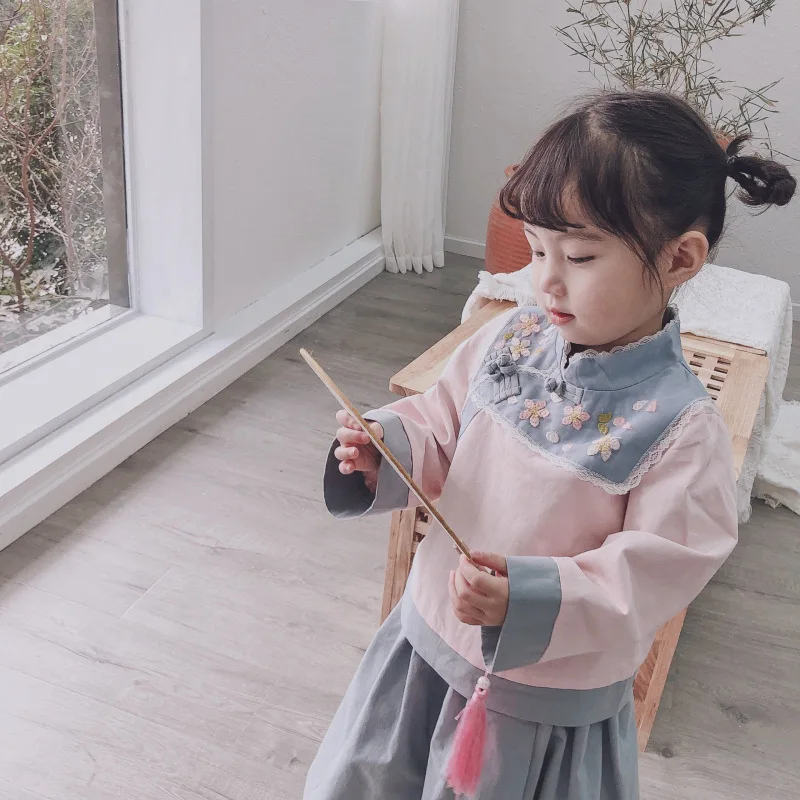 2019 длинное платье с цветочной вышивкой для маленьких девочек простой китайский Танг Hanfu детский традиционный старинный народный костюм