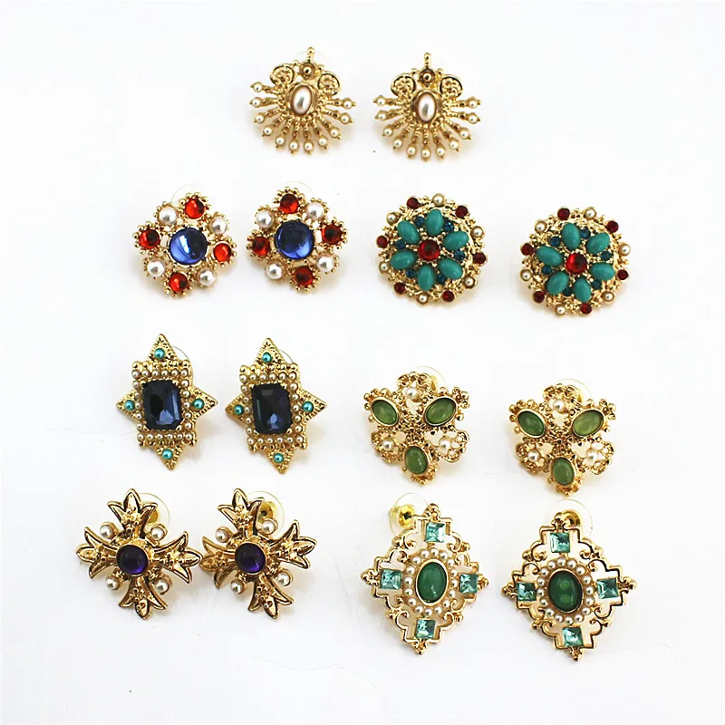 

New retro style round fan-shaped Roman cross inlaid semi-precious stones Imitation pearl 925 silver needles Stud Earrings