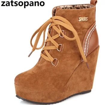

Zatsopano 2019 New Winter Platform Ankle Boots Women Lace Up Thick Sole Short Boots Vintage Wedges Shoes High Heel Big Size