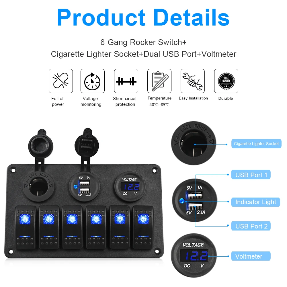 Herorider переключатель панель 5 в двойной Usb Автомобильное зарядное устройство вольтметр 6 банд авто лодка морской прикуриватель синий светодиод кулисный переключатель панель