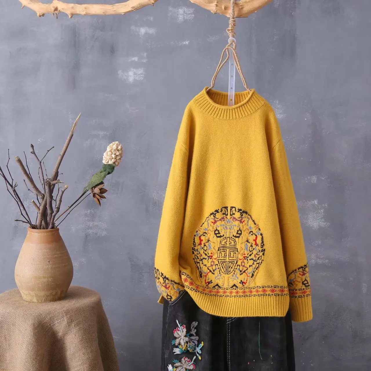 Этнический ретро вышитый Тотем женский джемпер осень зима полу-Высокий воротник свободные пуловеры женские вязаные топы
