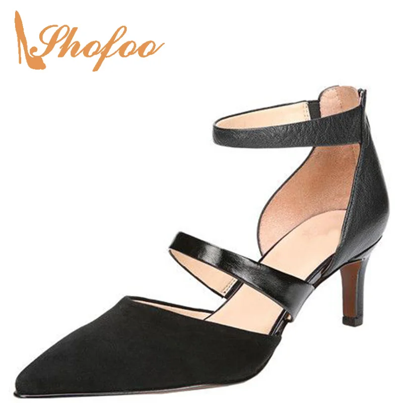 

Black Vegan Women Ankle Wrap Pumps Stilettos Med Thin Heels Pointed Toe Ladies Dress Footwear Mature 2021 Shoes Large Size 11 15