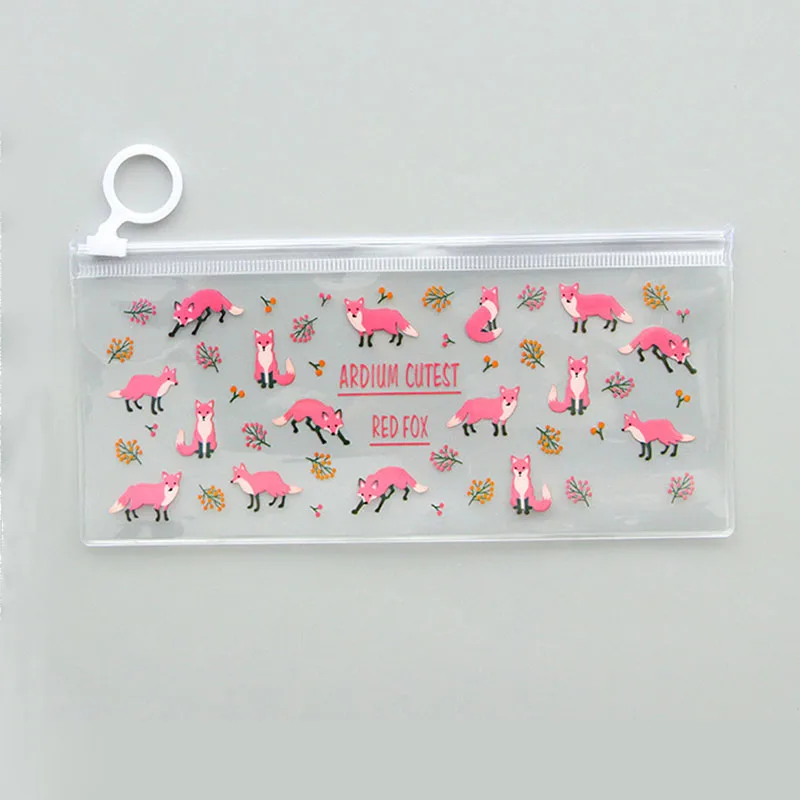 Kawaii Transparent Flowers Animals Pattern Pencil Bag PVC Waterproof Pen Case Pouch Cute box Stationery School Office Supplies - Цвет: fox