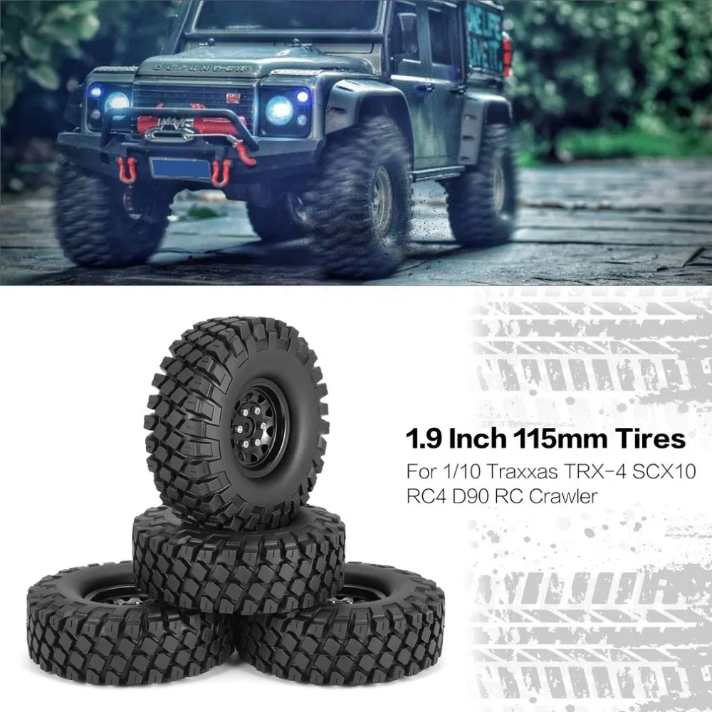 

4Pcs 1.9 Inch 115mm Rubber Tires RC Crawler Car Part Tire with Metal Wheel Rim Set for 1/10 Traxxas TRX-4 SCX10 RC4 D90