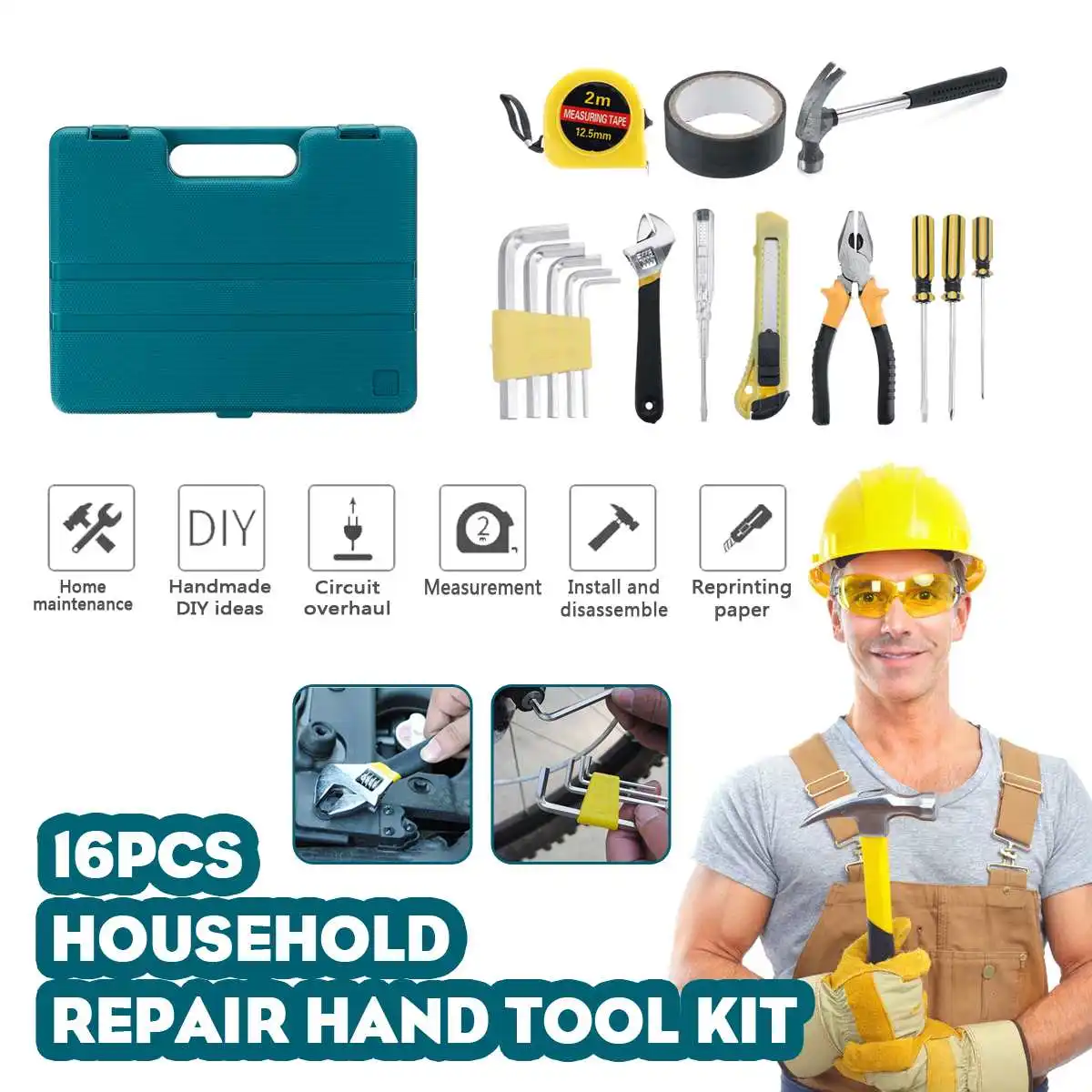 

16 in 1 Hand Tool Set Household Repair Hand Tool Kit with Plastic Toolbox Storage Case Home Repair Tool Set Hand Tools