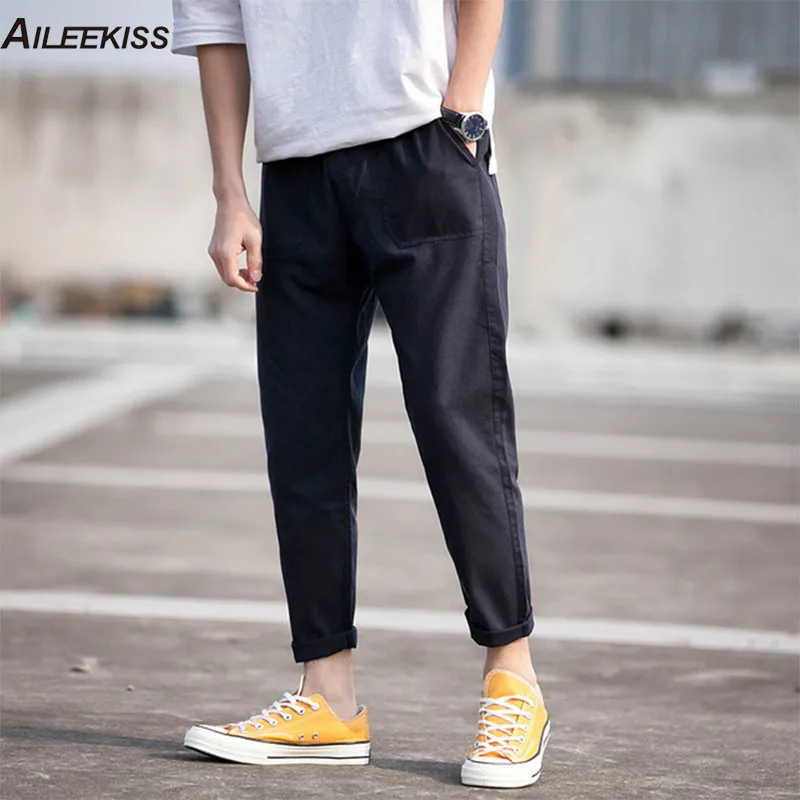 

AILEEKISS 2019 Men's Pants Summer Soft Linene Loose Fit Straight Homme Casual Pants Man Trousers Male Trousers Streetwear XT822
