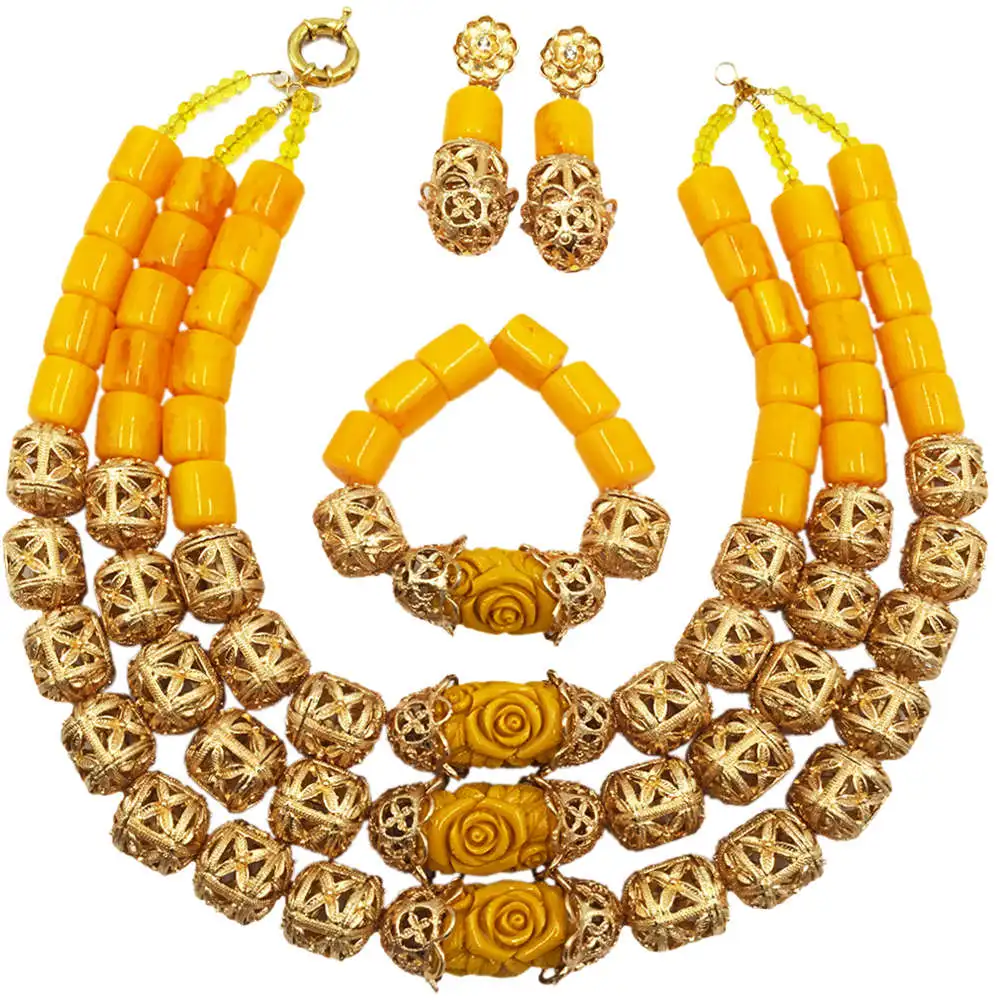 

Fashion Yellow Artificial Coral Necklace Nigerian Wedding African Beads Jewelry Set Indian Bridal Jewelry Sets FSH-003
