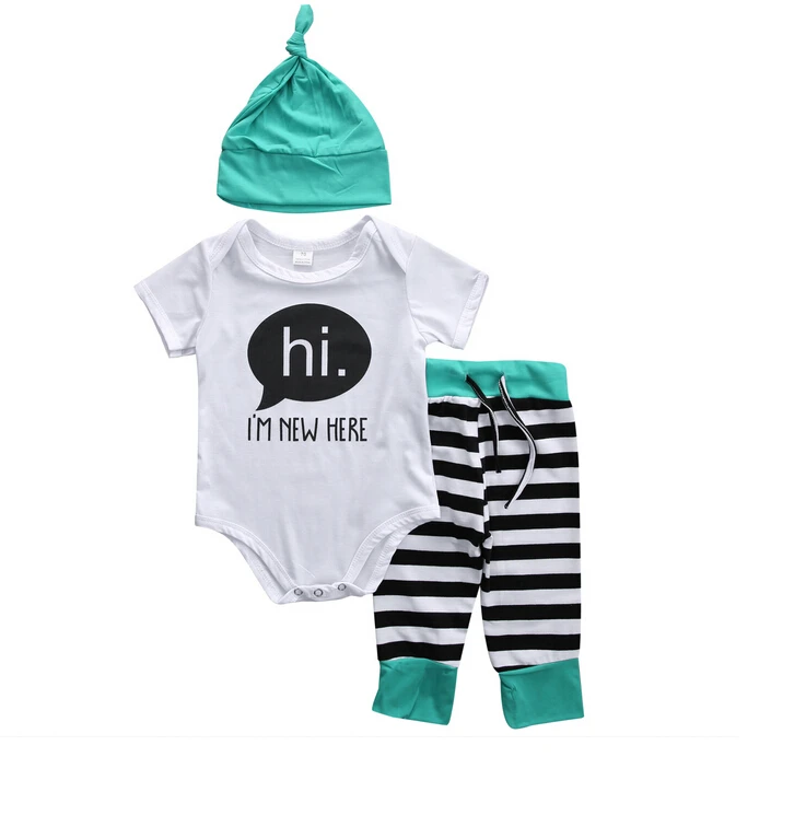 

3PCS Newborn Baby Boys Clothes Rompers Tops Short Sleeve Stripe Pants Hats Outfits Summer Children Clothing Set